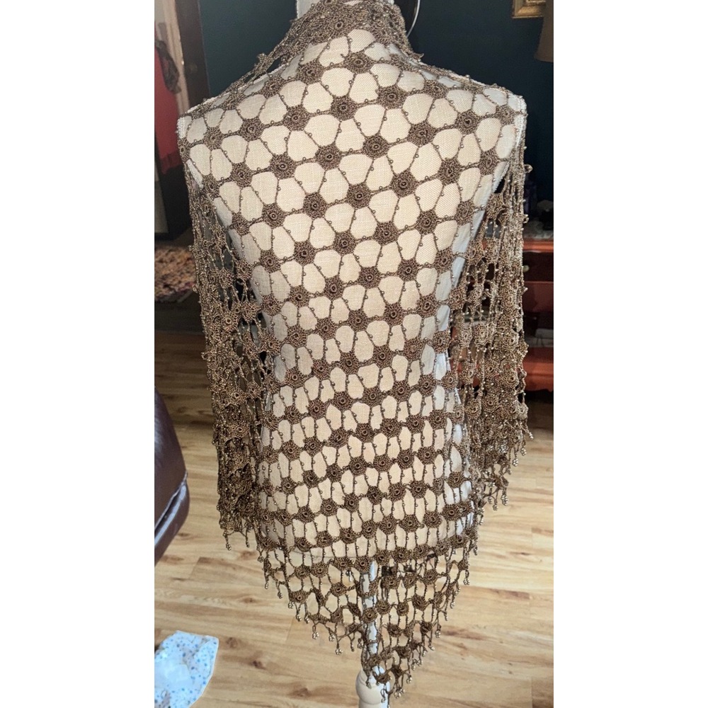 Vintage Bronze Metallic Crochet Beaded Fringe Shawl Wrap Triangle Scarf Boho